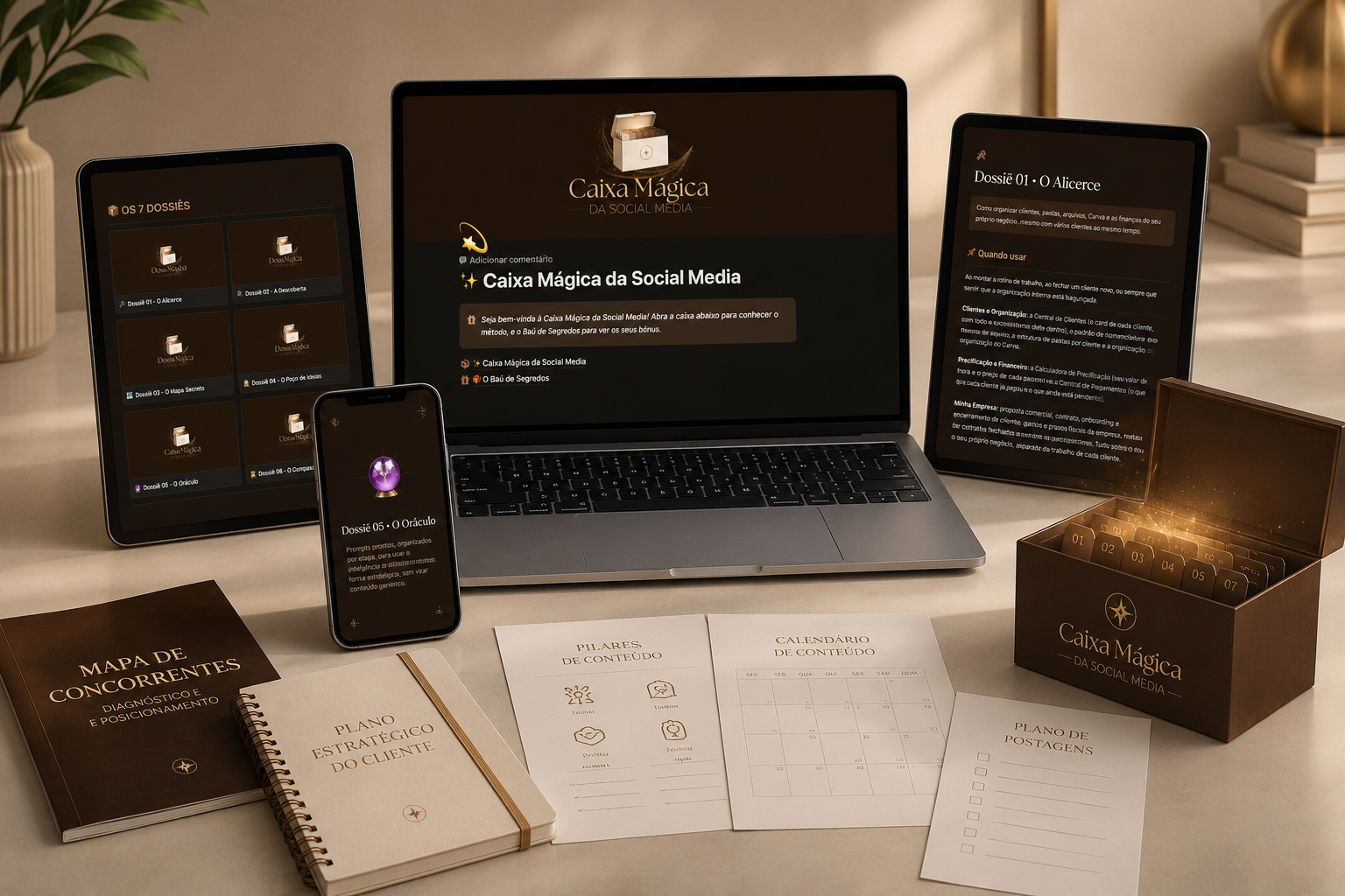 Mockup da Caixa Mágica da Social Media em dispositivos e materiais impressos